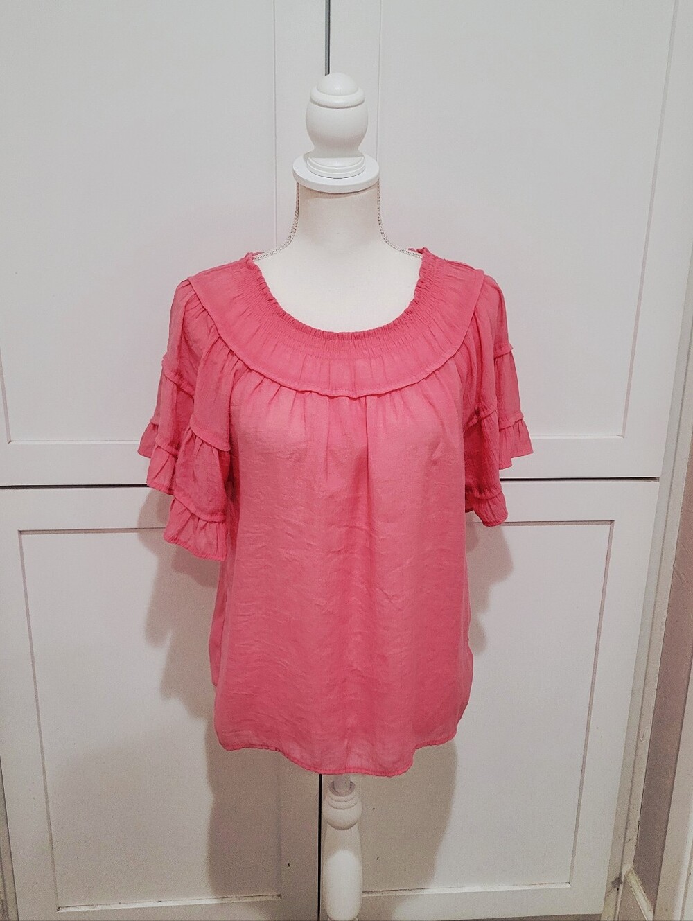Nanette Lepore Pink Ruffle Sleeve Blouse W/Smocked Neckline | Size Large